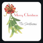 Merry Christmas label with editable message/name<br><div class="desc">Cheerful Merry Christmas sticker with editable message and name. Festive ribbons and mistletoe.</div>