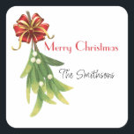 Merry Christmas label with editable message/name<br><div class="desc">Cheerful Merry Christmas sticker with editable message and name. Festive ribbons and mistletoe.</div>