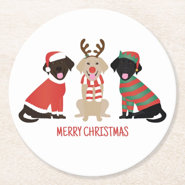 Merry Christmas Labrador Retriever Dogs Round Paper Coaster (Front)