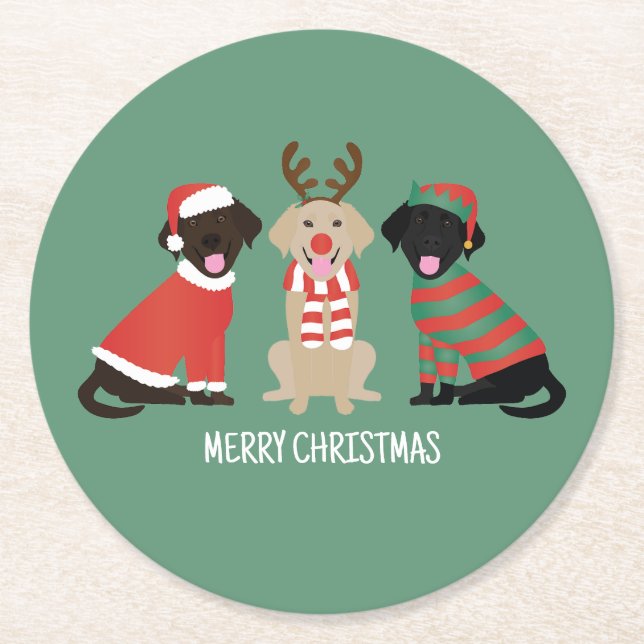 Merry Christmas Labrador Retriever Dogs Round Paper Coaster (Front)