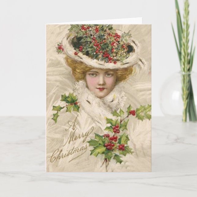 Merry Christmas Lady in Hat Holiday Card (Front)