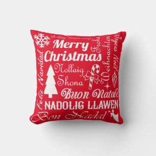 Merry Christmas Languages Red and Green Pillow