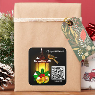 Merry Christmas Lantern Bird QR Code Square Sticker