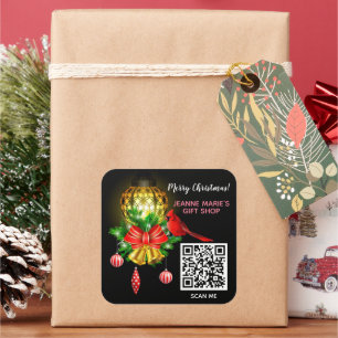 Merry Christmas Lantern Cardinal Bird QR Code Square Sticker