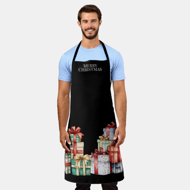 Merry Christmas, Large Christmas Gifts Wrapped Blk Apron (Worn)