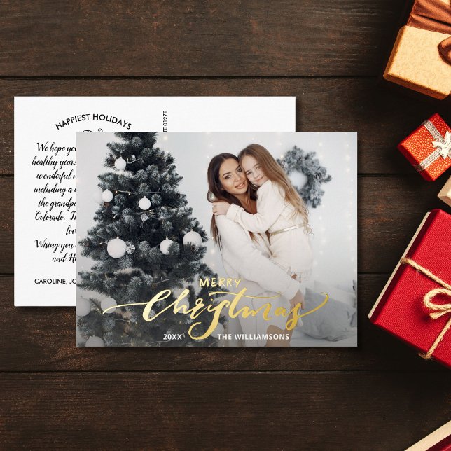 Merry Christmas Large Photo Christmas Letter Gold Foil Holiday Postcard (Creator Uploaded)