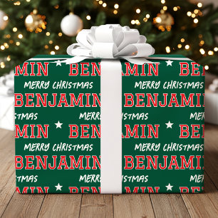 Merry Christmas Large Scale Custom Name Green Red Wrapping Paper