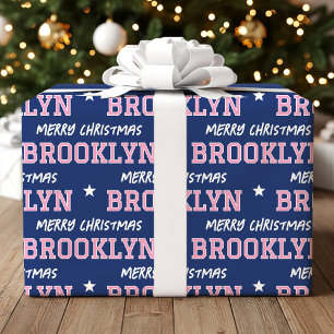 Merry Christmas Large Scale Custom Name Navy Pink Wrapping Paper