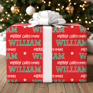 Merry Christmas Large Scale Custom Name Red Green Wrapping Paper