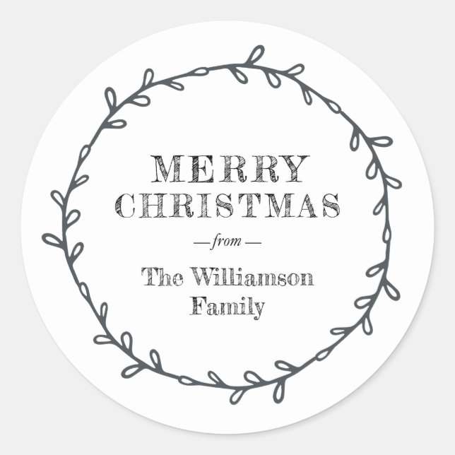 Merry Christmas Laurel Wreath Black White Name Classic Round Sticker (Front)