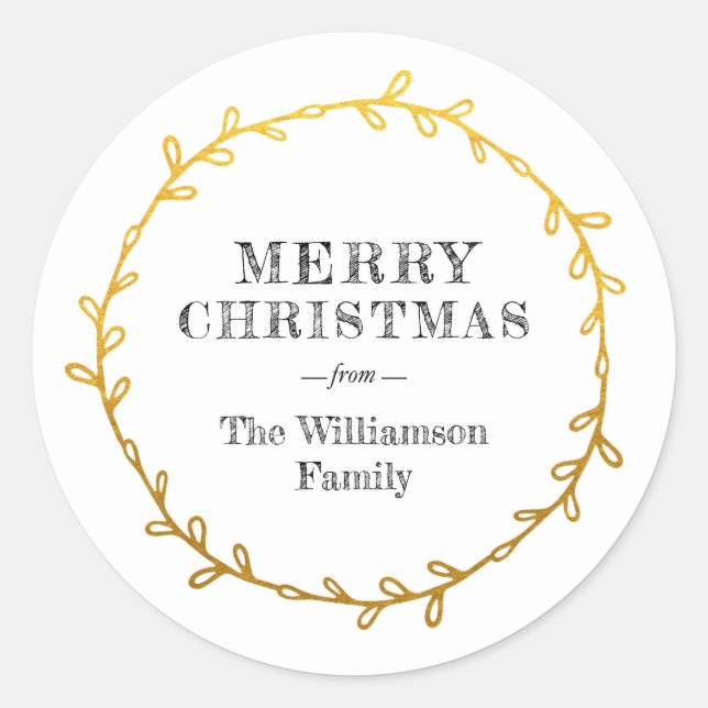 Merry Christmas Laurel Wreath Gold Name Classic Round Sticker (Front)