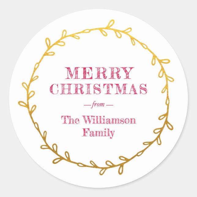 Merry Christmas Laurel Wreath Gold Red Name Classic Round Sticker (Front)