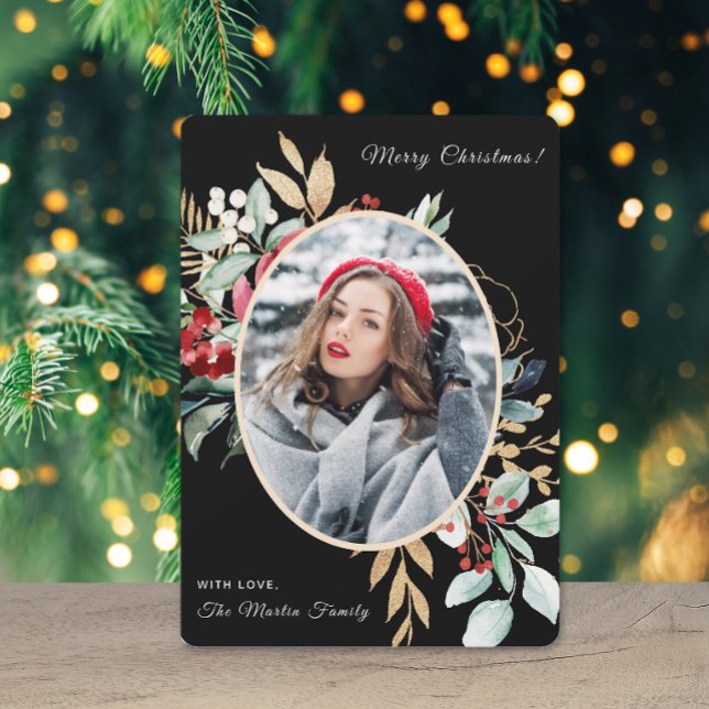 Merry Christmas Leafy Bouquet Photo Holiday Card (Creator Uploaded)