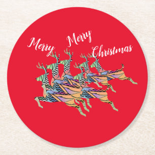 Merry Christmas Leaping Deer  Round Paper Coaster