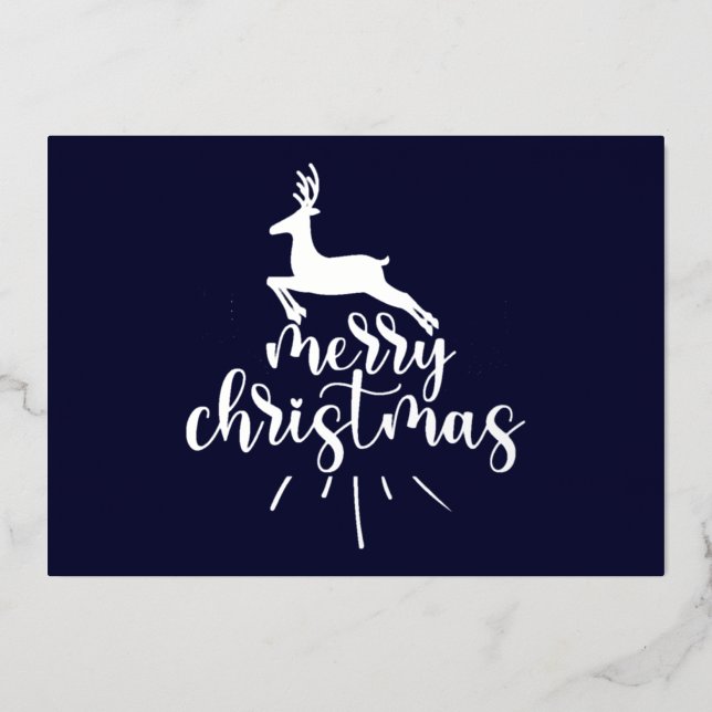Merry Christmas Leaping Deer Silver  Foil Holiday Card (Front)