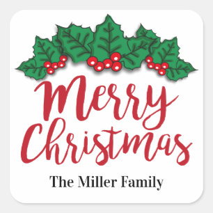 Merry Christmas Leaves And Berries Personalised Square Sticker