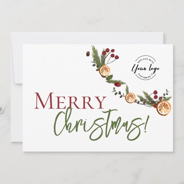 Merry Christmas leaves Oranges wreath Custom Logo Holiday Card (Front)