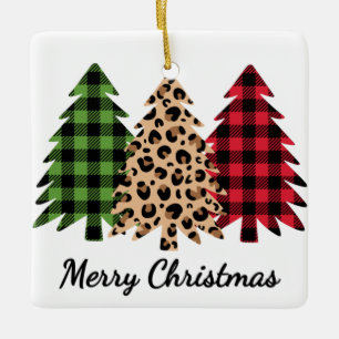 Merry Christmas Leopard and Plaid Trees Ceramic Ornament