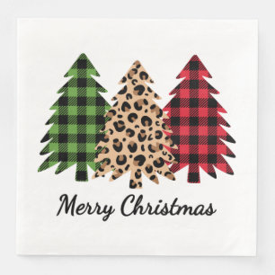 Merry Christmas Leopard and Plaid Trees Napkin