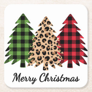 Merry Christmas Leopard and Plaid Trees Square Paper Coaster