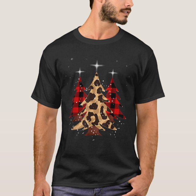 Merry Christmas Leopard buffalo plaid Christmas tr T-Shirt (Front)