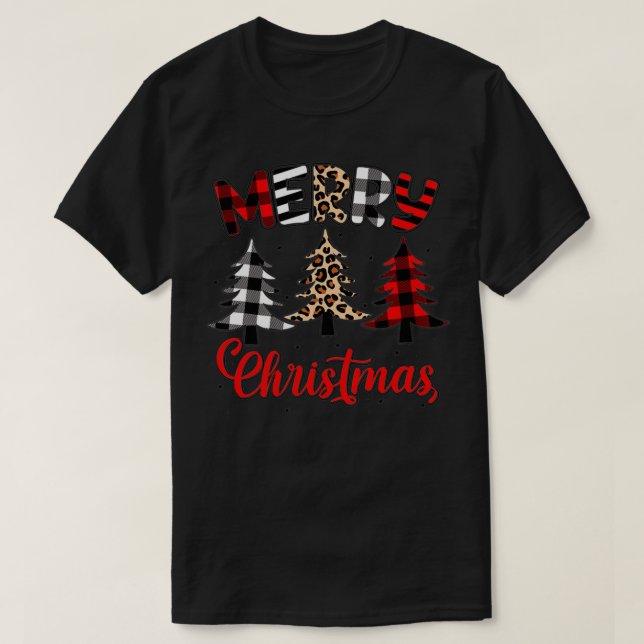Merry Christmas Leopard Buffalo Plaid Family Match T-Shirt (Design Front)