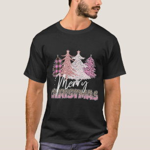 Merry Christmas Leopard Buffalo Plaid Pink Christm T-Shirt