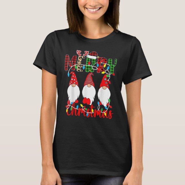 Merry Christmas Leopard Buffalo Red Plaid Gnomes M T-Shirt (Front)