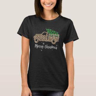 Merry Christmas Leopard Buffalo Truck Tree Red Pla T-Shirt