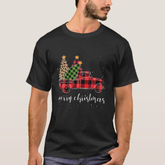 Merry Christmas Leopard Buffalo Truck Tree Red Pla T-Shirt