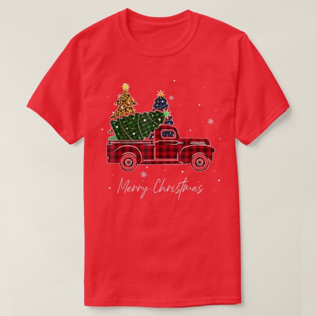 Merry Christmas Leopard Buffalo Truck Tree Red Pla T-Shirt (Design Front)