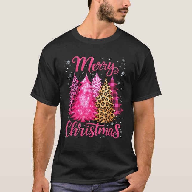 Merry Christmas Leopard Checkboard Christmas Tree  T-Shirt (Front)