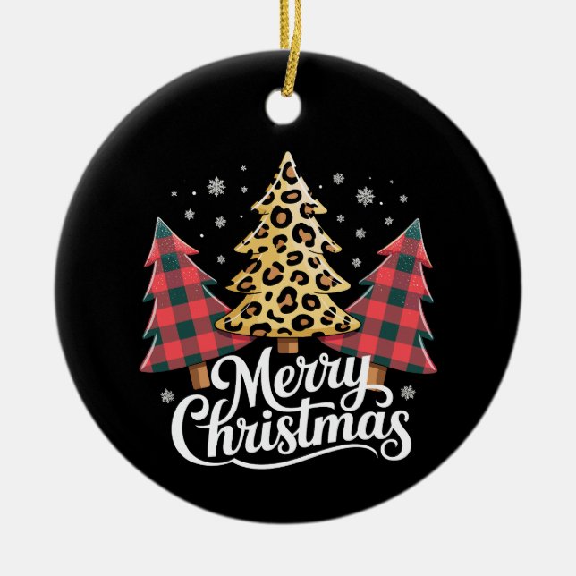 Merry Christmas Leopard Plaid Tree Xmas Holiday Ceramic Tree Decoration (Front)
