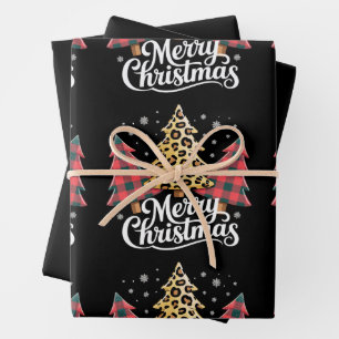 Merry Christmas Leopard Plaid Tree Xmas Holiday Wrapping Paper Sheet
