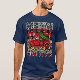 Merry Christmas Leopard Print Buffalo Plaid Red Tr T-Shirt