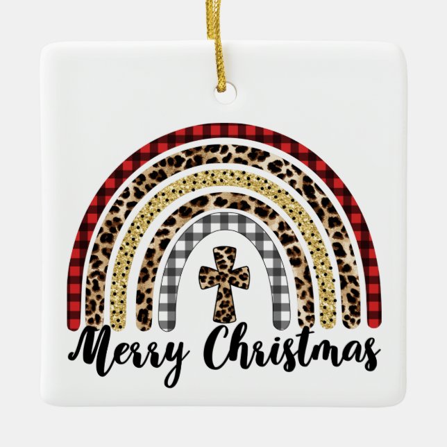 Merry Christmas Leopard Print Cross Ceramic Ornament (Front)