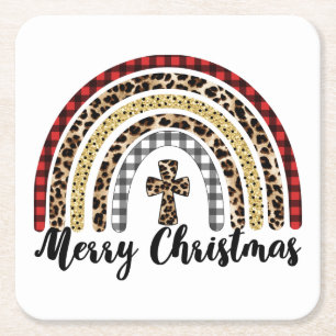 Merry Christmas Leopard Print Cross Square Paper Coaster