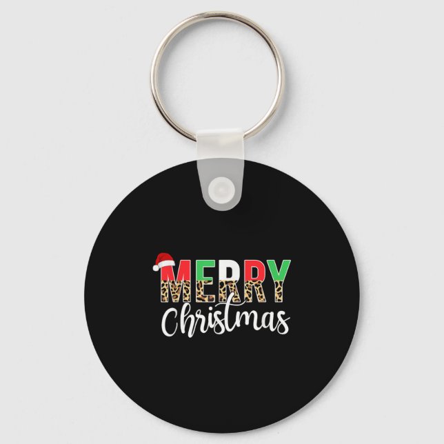 Merry Christmas Leopard Print Xmas Family Matching Key Ring (Front)