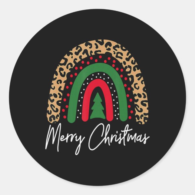 Merry Christmas Leopard Rainbow Pajamas Xmas Teach Classic Round Sticker (Front)
