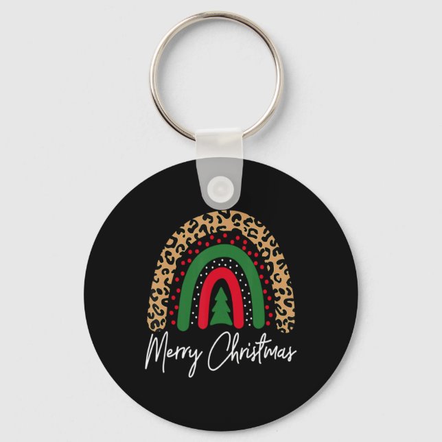 Merry Christmas Leopard Rainbow Pajamas Xmas Teach Key Ring (Front)