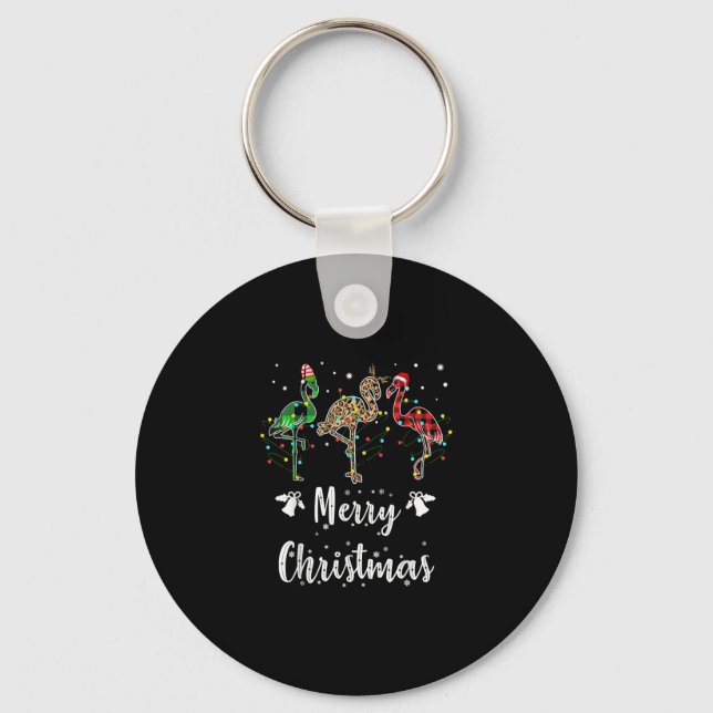 Merry Christmas Leopard Red Green Plaid Flamingo Key Ring (Front)
