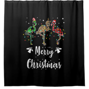Merry Christmas Leopard Red Green Plaid Flamingo Shower Curtain