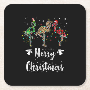 Merry Christmas Leopard Red Green Plaid Flamingo Square Paper Coaster