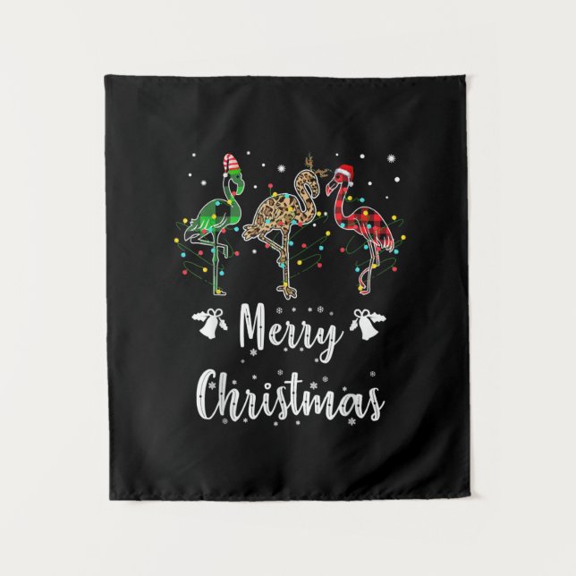 Merry Christmas Leopard Red Green Plaid Flamingo Tapestry (Front)