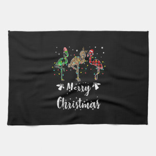 Merry Christmas Leopard Red Green Plaid Flamingo Tea Towel