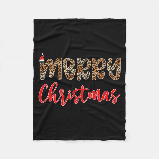 Merry Christmas Leopard Santa Hat Cheetah Print Xm Fleece Blanket (Front)