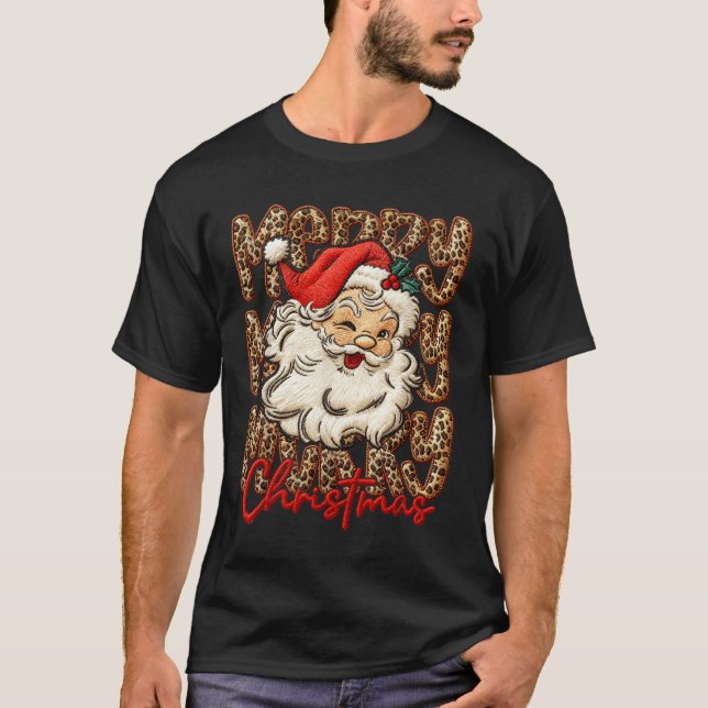 Merry Christmas Leopard Santa Hat Cheetah Xmas Paj T-Shirt (Front)
