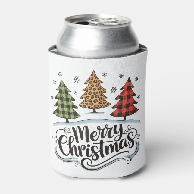 Merry Christmas Leopard Tree Red Buffalo Plaid Can Cooler (Can Front)