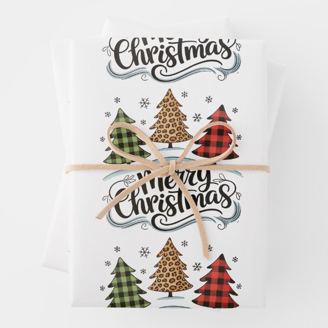 Merry Christmas Leopard Tree Red Buffalo Plaid Wrapping Paper Sheet (In situ)