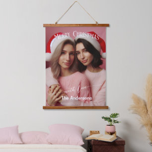 Merry Christmas Lesbian Retro Pink Custom Photo Hanging Tapestry